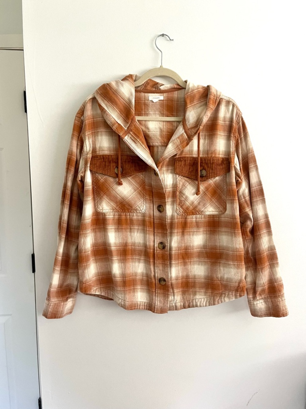 Maurices Plaid Hooded Button-Front Shacket in Rust Orange and Cream Size Medium